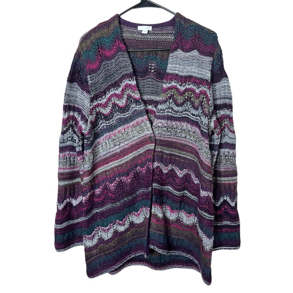 J. Jill Colorful Wool Open Knit One Button Front Cardigan Sweater Size M